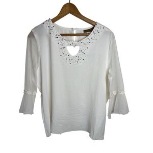Gavin Women's Blouse White Beaded Size Small Sheer Sleeves Boho Peasant
